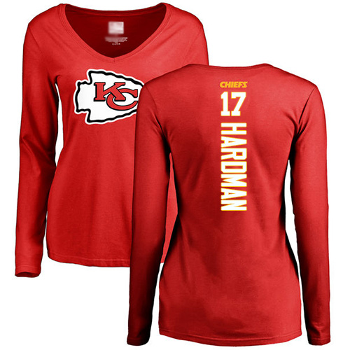 Women Football Kansas City Chiefs #17 Hardman Mecole Red Backer Slim Fit Long Sleeve T-Shirt